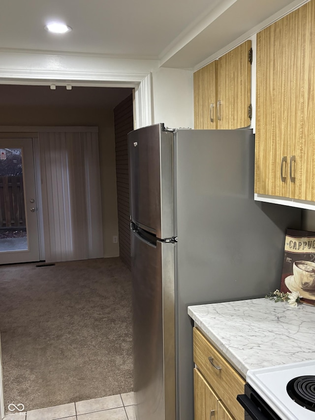 kitchen featuring light carpet