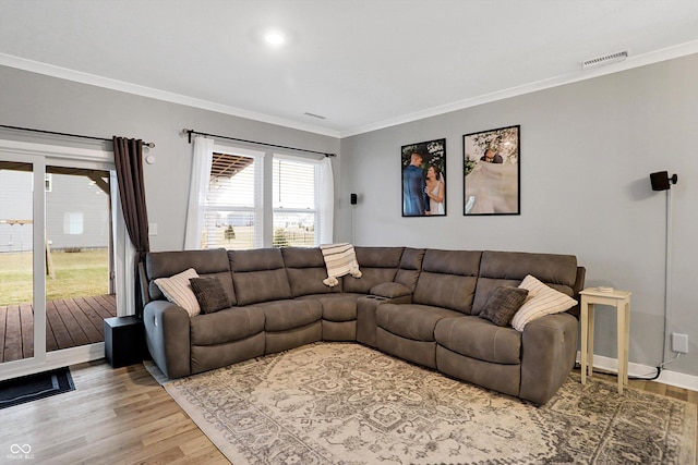 living room featuring hardwood / wood-style floors and crown molding