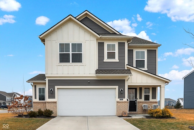 craftsman-style home with a porch, a garage, and a front lawn