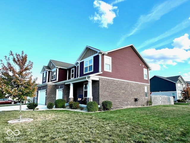 view of side of property with a lawn, fence, board and batten siding, and brick siding