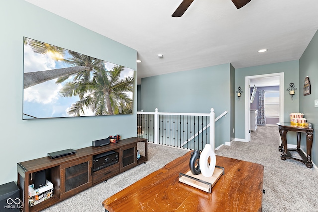 office area featuring recessed lighting, carpet flooring, ceiling fan, and baseboards