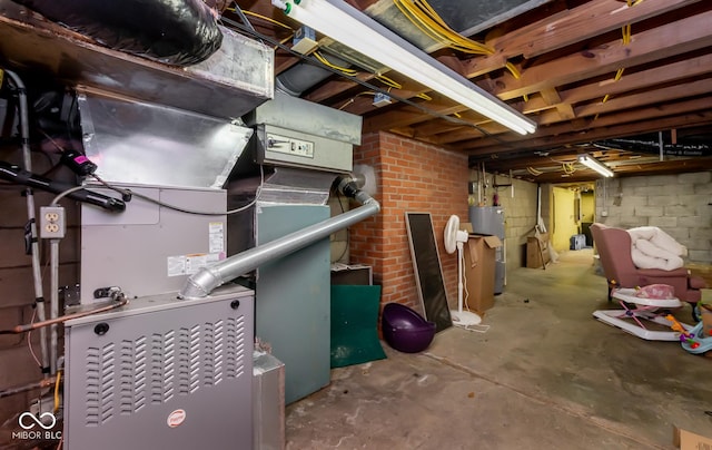 unfinished basement featuring concrete block wall and water heater