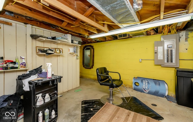 unfinished basement with electric panel