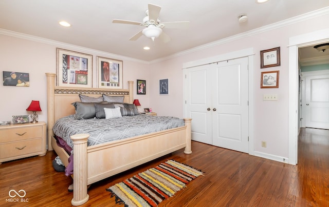 bedroom featuring ornamental molding, recessed lighting, baseboards, and dark wood-style floors