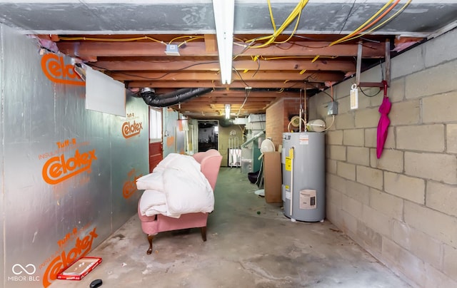 unfinished basement featuring water heater