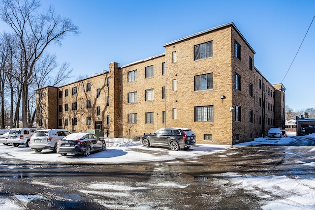 view of snow covered building