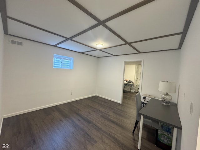 unfurnished office featuring coffered ceiling and dark hardwood / wood-style flooring