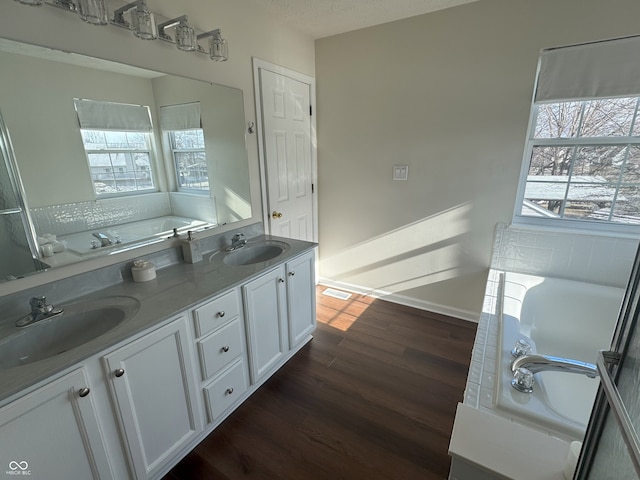 bathroom with a healthy amount of sunlight, vanity, and a bathing tub