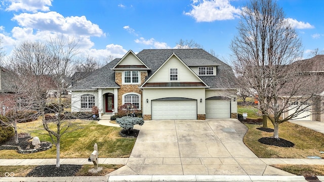 view of front of house featuring brick siding, a front yard, concrete driveway, and roof with shingles