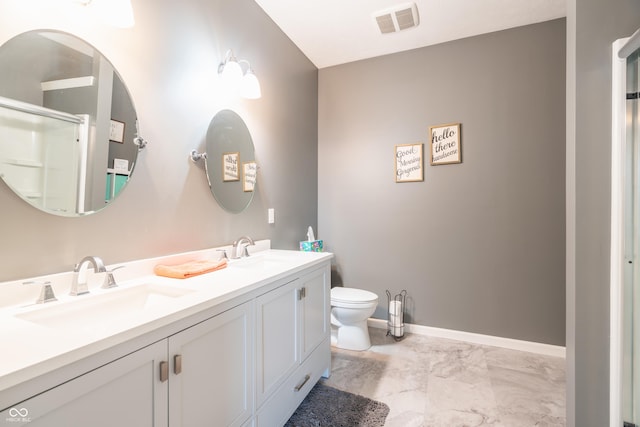 full bath with an enclosed shower, a sink, visible vents, and baseboards