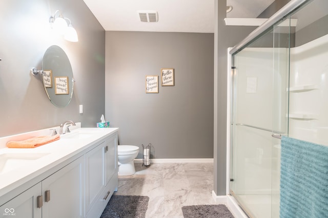 full bathroom with marble finish floor, visible vents, a stall shower, a sink, and baseboards