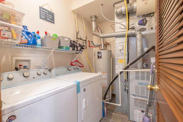 clothes washing area featuring laundry area, washing machine and dryer, and water heater