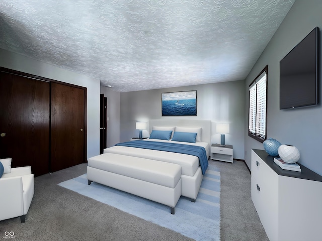 bedroom featuring carpet floors, a textured ceiling, and a closet