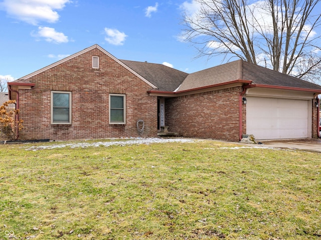 ranch-style home featuring an attached garage, brick siding, a shingled roof, driveway, and a front lawn