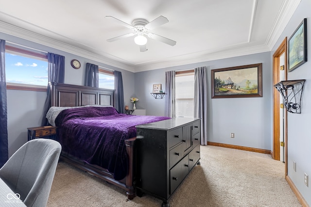 bedroom featuring ceiling fan, baseboards, crown molding, and light colored carpet