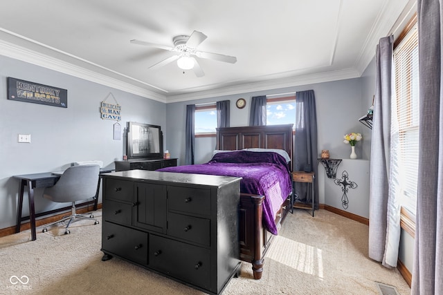 bedroom featuring light carpet, baseboards, visible vents, and crown molding