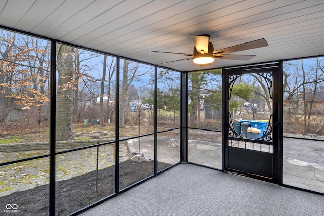 unfurnished sunroom featuring ceiling fan