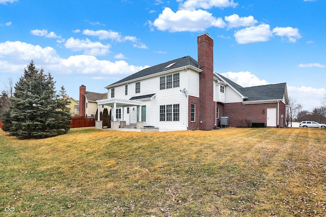 rear view of property with cooling unit, a patio, a lawn, and a pergola