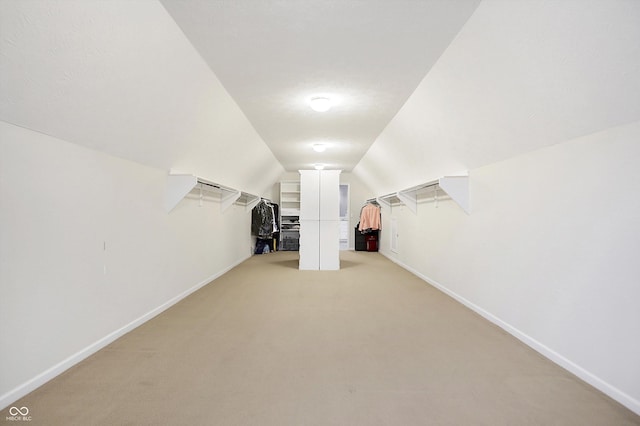 additional living space featuring vaulted ceiling and light carpet