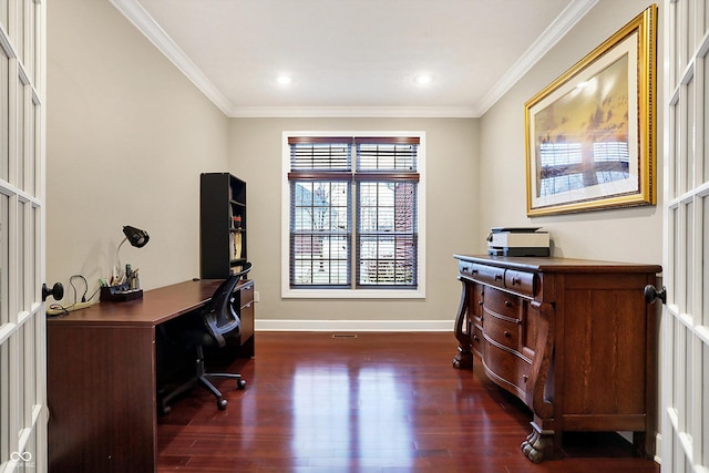 office with dark hardwood / wood-style flooring and ornamental molding