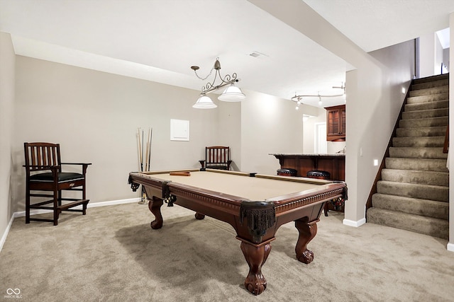 game room featuring rail lighting, light colored carpet, bar area, and billiards