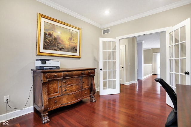 interior space featuring crown molding, dark hardwood / wood-style floors, and french doors