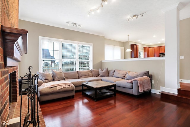 living room featuring track lighting, a fireplace, and dark hardwood / wood-style flooring