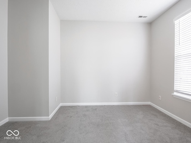 empty room featuring carpet floors, plenty of natural light, and visible vents