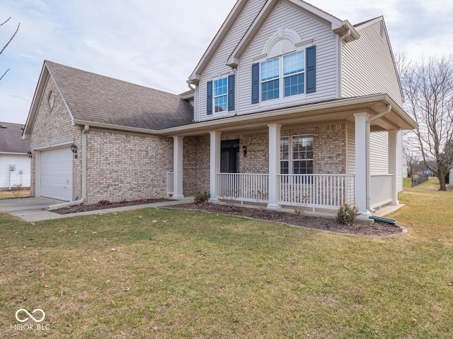 traditional-style home with brick siding, roof with shingles, a porch, an attached garage, and a front lawn