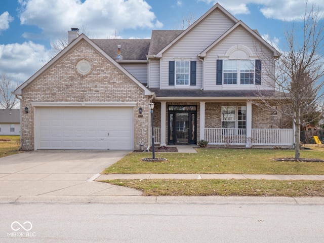 traditional-style home featuring concrete driveway, a front lawn, a chimney, and brick siding