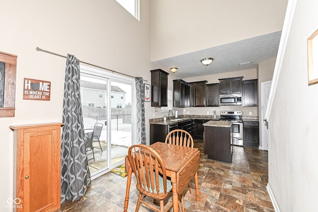 dining space with stone finish flooring, a high ceiling, and baseboards