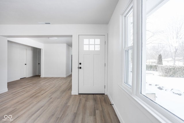 foyer entrance with light hardwood / wood-style floors