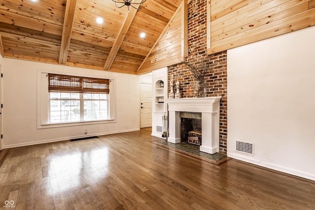 unfurnished living room with wood-type flooring, high vaulted ceiling, built in features, and wood ceiling