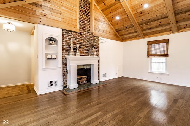 unfurnished living room featuring dark hardwood / wood-style floors, built in features, high vaulted ceiling, beamed ceiling, and wooden ceiling