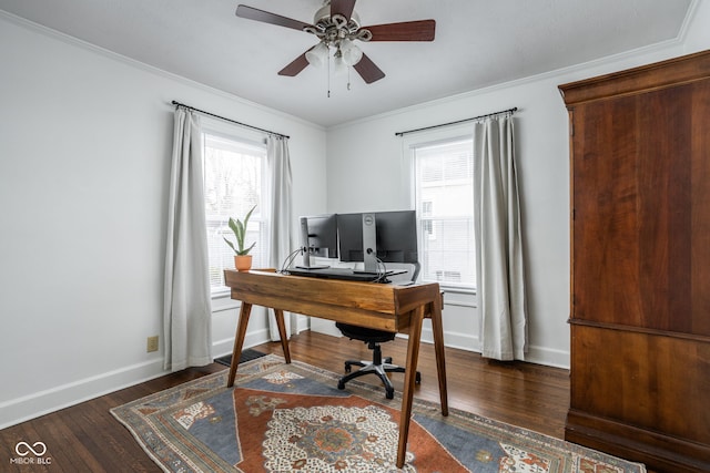 office space featuring ceiling fan, baseboards, wood finished floors, and ornamental molding