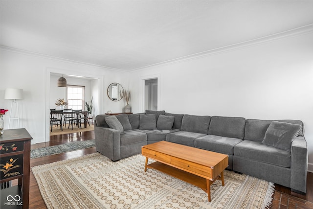 living area with ornamental molding and wood finished floors