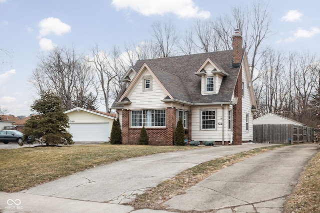 view of front facade featuring a garage, a shingled roof, a chimney, fence, and brick siding