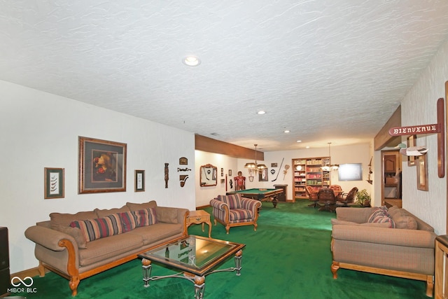 carpeted living room with a textured ceiling, billiards, and recessed lighting