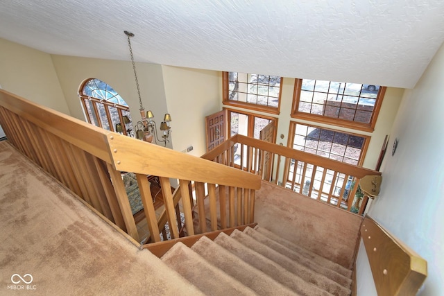 stairs with a textured ceiling, a high ceiling, and carpet