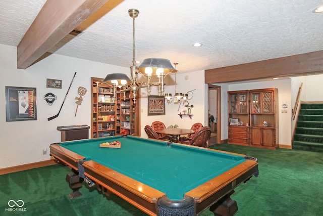 game room featuring carpet floors, beam ceiling, and a textured ceiling