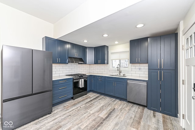 kitchen with appliances with stainless steel finishes, sink, backsplash, and light wood-type flooring