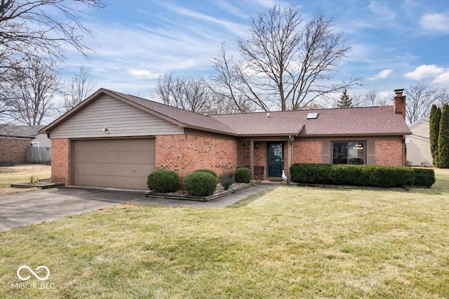 ranch-style house featuring a garage, a chimney, aphalt driveway, and brick siding