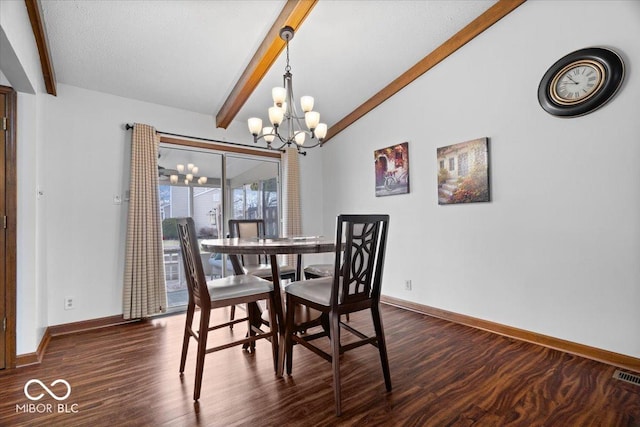 dining space with vaulted ceiling with beams, an inviting chandelier, baseboards, and dark wood finished floors