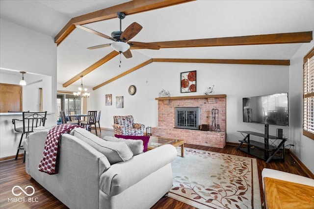 living room with a fireplace, lofted ceiling with beams, wood finished floors, baseboards, and ceiling fan with notable chandelier