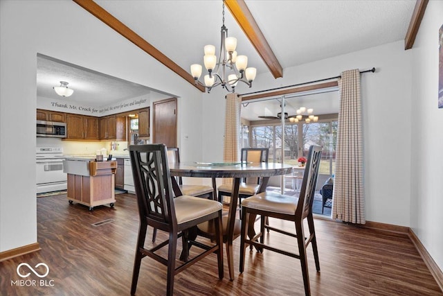 dining area with a chandelier, a textured ceiling, dark wood-type flooring, baseboards, and beam ceiling