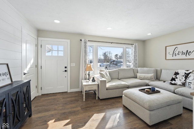 living room with dark hardwood / wood-style flooring