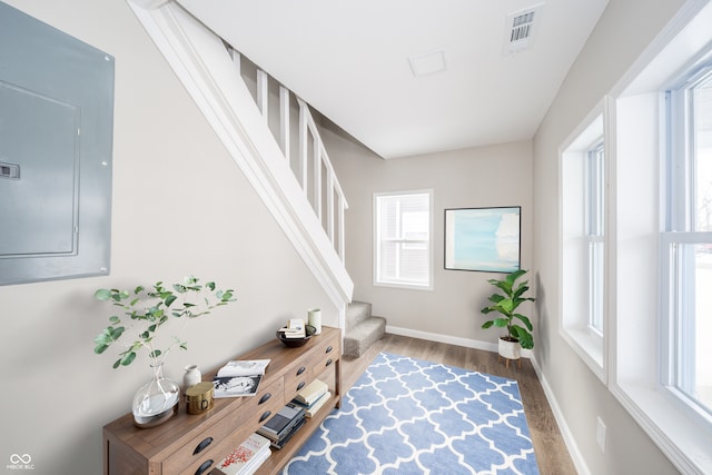 227 W 7th St, Lapel, IN 46051 - stairway with electric panel, baseboards, and wood finished floors