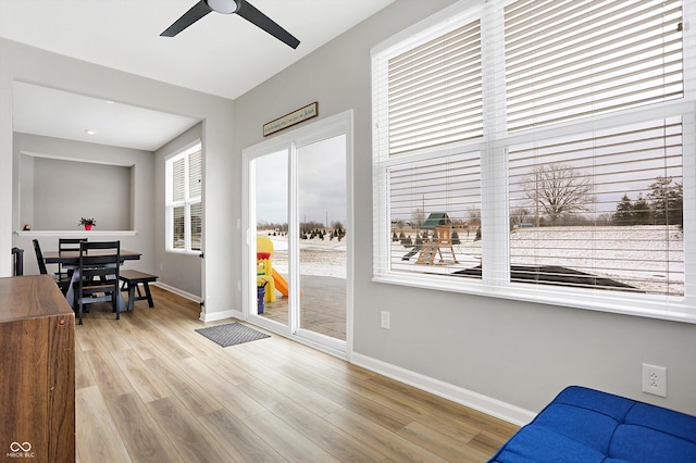 doorway with baseboards, ceiling fan, wood finished floors, and a wealth of natural light