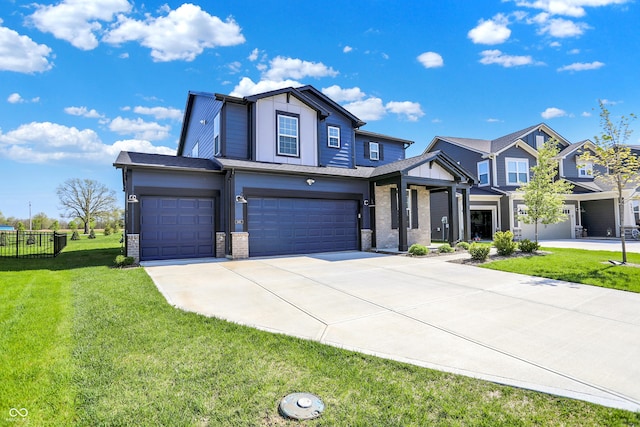 view of front of property featuring fence, a front yard, brick siding, an attached garage, and driveway