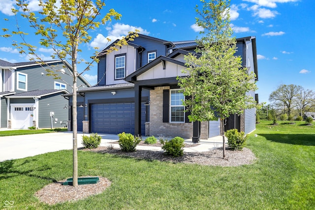 view of front of home featuring a front lawn, brick siding, a garage, board and batten siding, and driveway